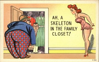 1940s Risque Comic Sexy Redhead Woman Lingerie Fat Man Skeleton In Family Closet