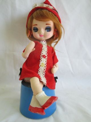 Vintage 1960s Bradley Big Eyed Doll Music Box Tokyo Japan Red Velvet Clothes Mod