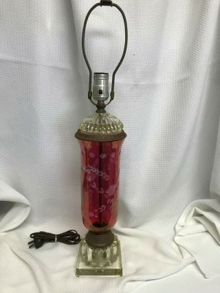 Vintage Cranberry & Clear Glass Table/vanity Lamp Etched/cut Cranberry Glass 25 "