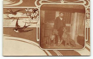 Interesting Rppc W Birds & Inset Photograph Of Man With Dogs Postcard