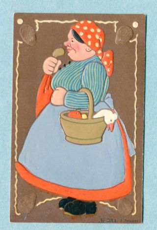 A7076 Postcard Easter Woman In Red And Blue Dress.  Red Bandanna,  On A Cookie