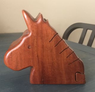 Vintage Wood Unicorn Puzzle Carved Secret Stash Box