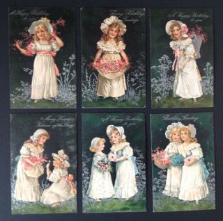 Vintage Birthday Postcards - Complete Set Of 6 - Pfb Series 7046 - Girls,  Bonnets