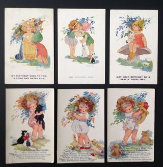 Vintage Signed Agnes Richardson Birthday Postcards (6) Flower Fairies,  Girls,  Pets