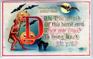 Vintage 1911 Halloween Postcard Devil Bats Jol Cat " Don 