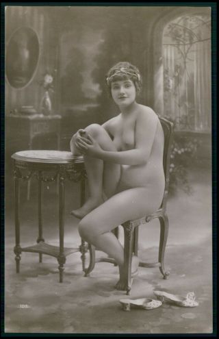 French Nude Woman Seated At Table Pearls Hairdo Old C1910 - 1920s Photo Postcard