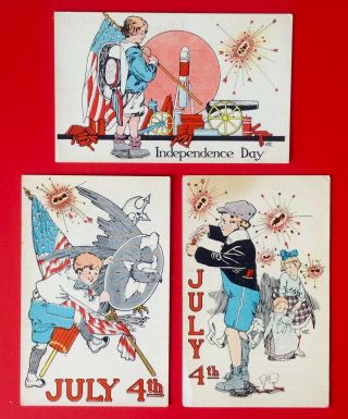Vintage July Fourth Postcards (3) Artist Signed - Children Celebrate Independence