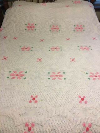 Vintage Chenille Bedspread Queen W/ Fringe - White W/ Pink Flowers