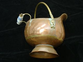 Vintage Copper/brass Coal Scuttle Bucket With Porcelain Handle & Lion Heads