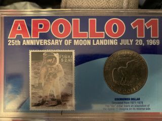Apollo 11 Eisenhower Dollar 25th Anniversary Of The Moon Landing Coin And Stamp