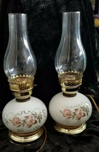 Set Of 2 Vintage Electric Oil Lamps Pink Floral Design Gold Tone