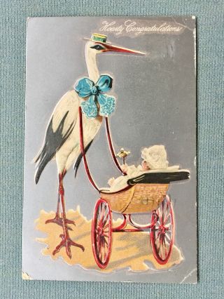 1908 Embossed Postcard: Stork Delivering Baby In Carriage