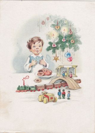 1950s Fritz Baumgarten Year Boy W/ Toys Train Old German Postcard