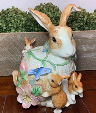 Fitz & Floyd Garden Rhapsody Bunnies Rabbit Cookie Jar Flowers