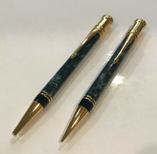 Parker Duofold Marbled Green,  Gold Trim Ballpoint Pen & Pencil Set - Estate