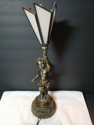 Vintage 15 1/2 Inch Brass Cherub Table Desk Lamp Light Torch