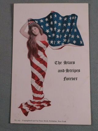 Vintage 1906 Patriotic Postcard,  Franz Huld,  Stars & Stripes Forever,  Girl In Flag