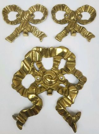 Vintage Three Solid Lacquered Brass Ribbon Bow Wall Hook Victorian Decor