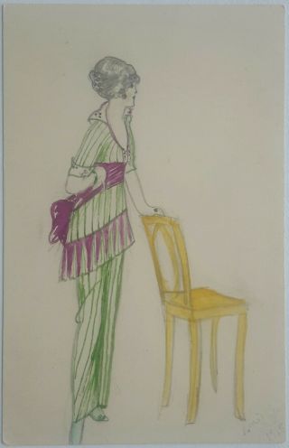 Artist Signed Hand Drawn & Painted Fashion Card,  Woman In Trouser Suit,  1915
