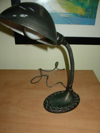 Antique Vintage Cast Iron Base Gooseneck Desk Lamp Hits Of Green Paint On Base