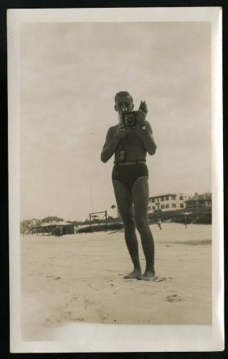 Vintage Photo Tall Muscular Man Tight Swim Trunks Vtg Camera Gay Interest 1943