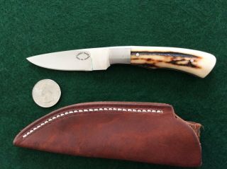 Custom Larry Page Fixed Blade Knife,  Stainless W/stag Handles & Leather Sheath
