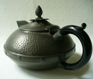 Antique Sheffield Craftsman English Pewter Hammered Teapot Pine Cone Finial Euc