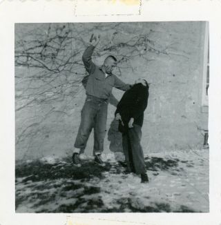 Vintage B/w Photo Of A Hatchet Wielding Guy Pretending To Kill His Friend
