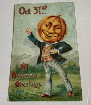 Vintage Hofmann Halloween Postcard - Patriotic Pumpkin Man 2040