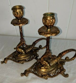 Fabulous Antique Pair Ornate Brass Bronze Candlestick Holders Dragon Griffin