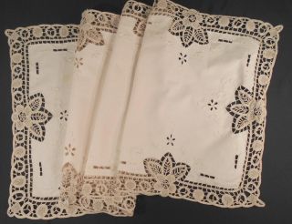Fancy Vintage Ecru Linen Table Runner Trimmed W/hand Tape Lace,  Embroidered