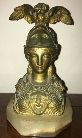 Antique Lady Warrior With Owl On Head / Bust Brass Inkwell
