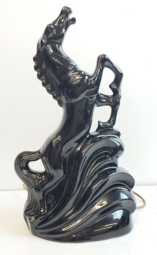 Vintage 50s Mid Century Glossy Black Ceramic Horse Table Lamp Light