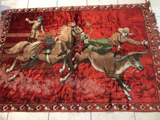 Large Vintage Tapestry Wall Hanging Rug Horse Horses Cowboys Rare Made In Italy