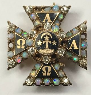 Antique 1900 14k Gold Fraternity Pin W Seed Pearls - Alpha Tau Omega Ato - Named