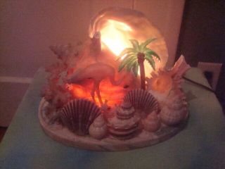 Mid Century Conch Sea Shell Flamingo Palm Tree Tv Lamp Light Beach Florida Vtg