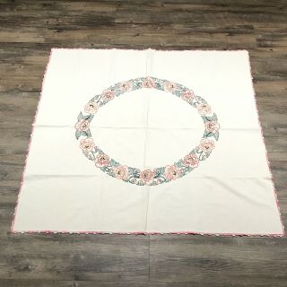 Vintage Hand Embroidered Cotton Linen Floral Tablecloth Crochet Trim 44”x40”
