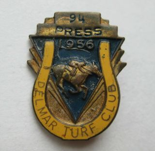 Vtg 1956 Del Mar Turf Club Racetrack Horse Racing Yellow Enamel Press Pin Badge