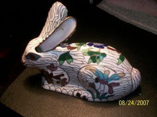 Chinese Cloisonne Copper Enamel Rabbit Bunny Statue Figurine,  3 - 1/2 Inches