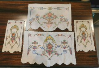 Vintage Set Of 5 Hand Embroidered Dresser Scarf Table Runner Vanity Doily Floral