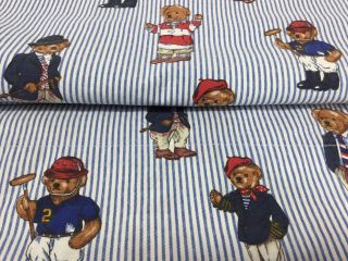 Vtg Ralph Lauren Full Size Flat Sheet Polo Teddy Bear Blue Stripe 100 Cotton
