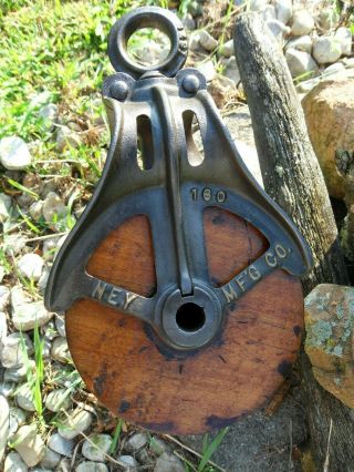 Antique Ney Vintage Cast Iron/ Wood Pulley Primitive Tool Ornate Rustic Decor