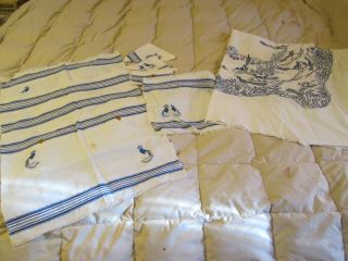 Vintage Signed Harwood Steiger Tablecloth Blue & White Roadrunners 43 " By 44 "