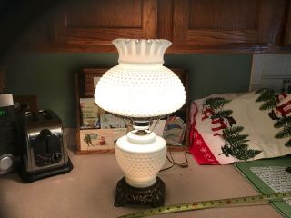 Vintage White Milk Glass Hobnail Gwtw Hurricane Table Lamp Electric 22 " Tall