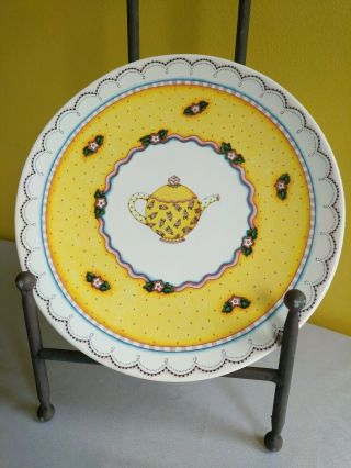 Mary Engelbreit Santa Barbara Ceramic Design Yellow Teapot Dinner Plate 10in