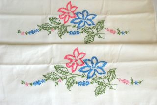 Vintage Embroidered Pillowcases Set 2 Floral Blue Pink Green Queen Size