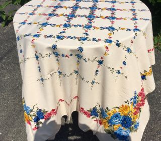Vintage Fabric Tablecloth Blue Roses Yellow & Pink Flowers Grid Garland Pattern.
