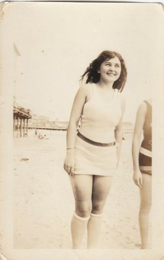 Vintage Photo Smiling Brunette Girl On Beach Bathing Suit Stockings