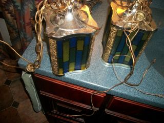 A Pair Vintage Colored Blue & Green Glass Ceiling Light Fixtures