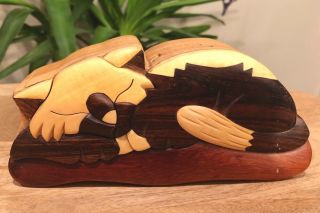 Vtg Hand Carved Wood Sleeping Cat Kitten Puzzle Secret Trinket Box